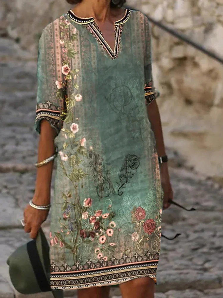 Women's Summer Half Sleeve V-neck Floral Print Casual Dress