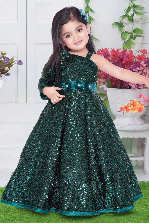 Oknass Cute A-line One Shoulder Long Sleeve Flower Girl Dress With Sash Sequins Lace