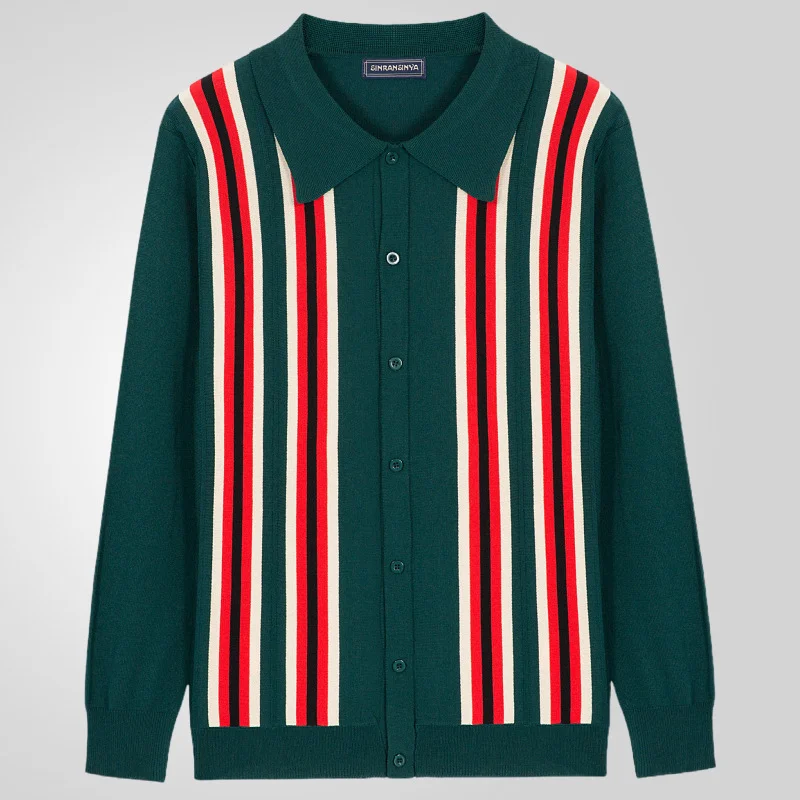 Uveng Uveng Men's Men's Spring Thin Knits Business Casual Long Sleeve Striped Polo Shirts