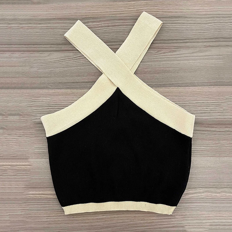 Uveng Uveng Hanging Neck Sling Vest Black And White Color Hottie Wind Pure Want To Show The Design Of Knitted Top Female Tide