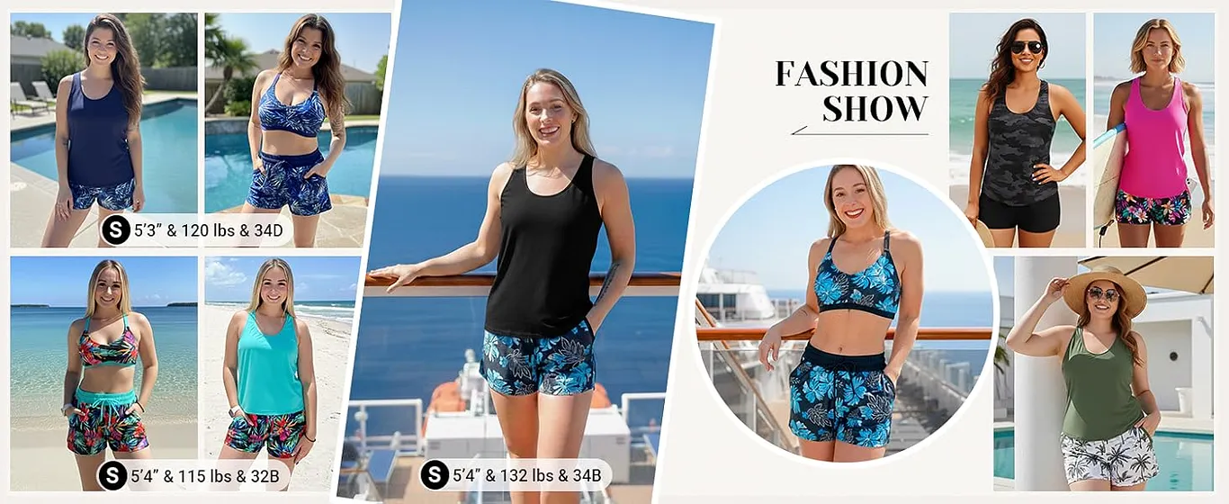 3 piece tankini with shorts pockets push tank top