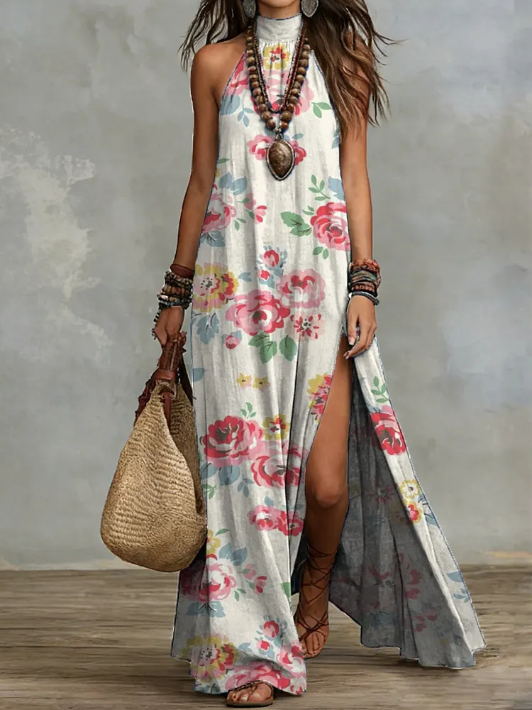 Bohemian Floral Halter-neck Maxi Dress With Slit