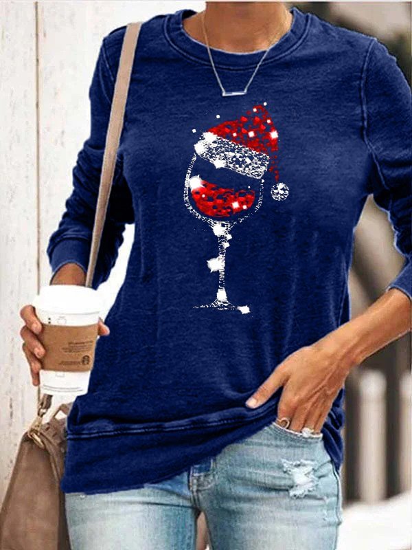 Women Christmas Wine Glass Print Crew Neck Sweatshirts Top