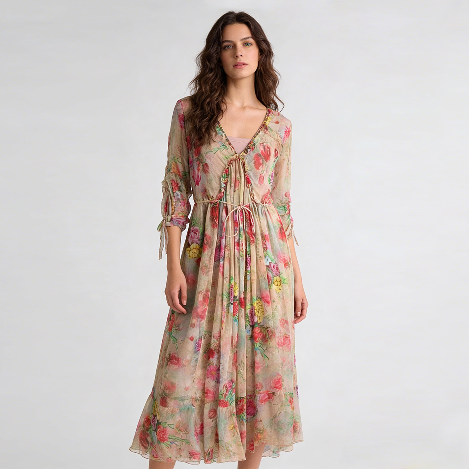 Bohemian-style Silk Dress with Colorful Floral Prints for Tropical Vacation REAL SILK LIFE