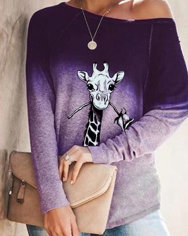 Autumn Ombre Animal Print Long Sleeve Loose T-Shirt