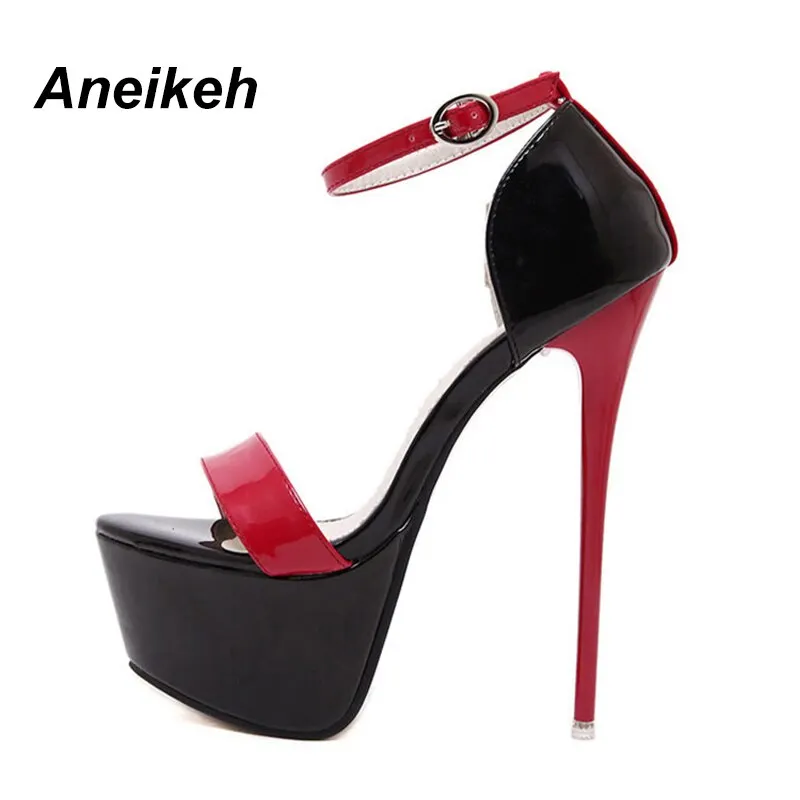 Aneikeh 2021 Fashion Peep Toe High-heeled Sandals Sexy 16CM High Heels  Buckle Strap Nightclub Party Shoes Big Size 40 Black