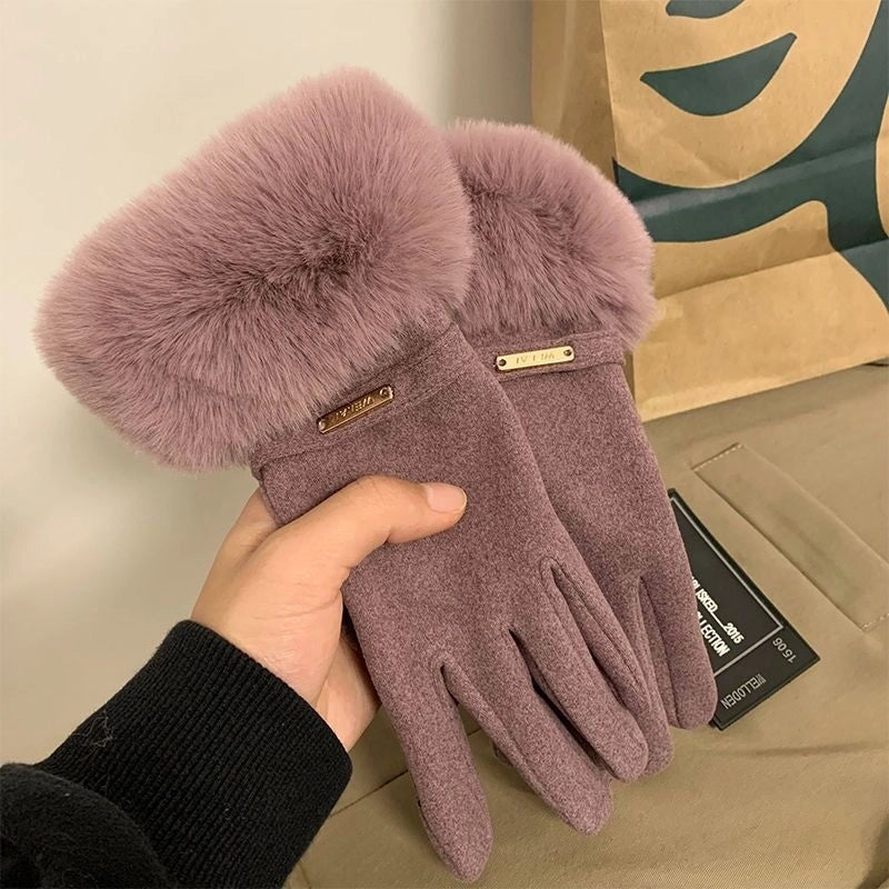 De Fluff Mouth Women’s Gloves Warm Windproof Riding Fleece-lined Thickened Outdoor Winter Finger Gloves