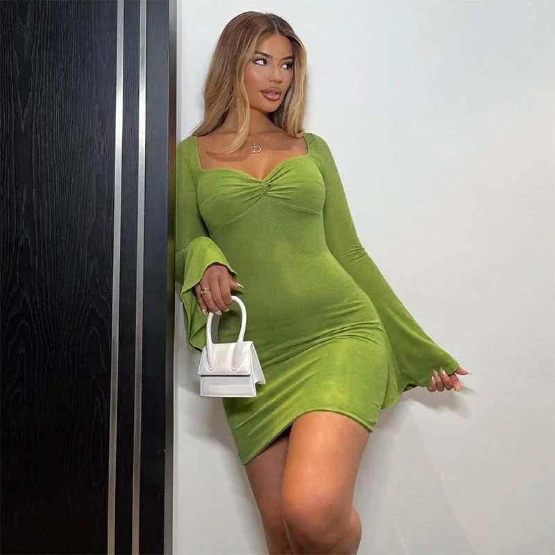 Solid Fairy Summer Dress Women Elegant Long Sleeve Mini Dresses V-Neck Sexy Slim Streetwear Women&#39;s Bodycon Party Dress Robe