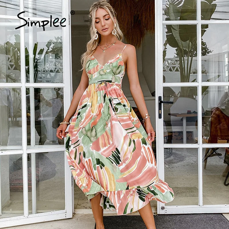 Simplee Casual green sling print women dress Summer sexy V-neck holiday style maxi dress Elegant High-waist lace-up ruffle dress