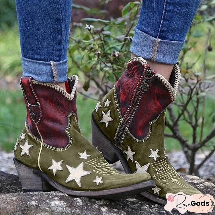 Women's Vintage Pointed Toe Star Short Boots