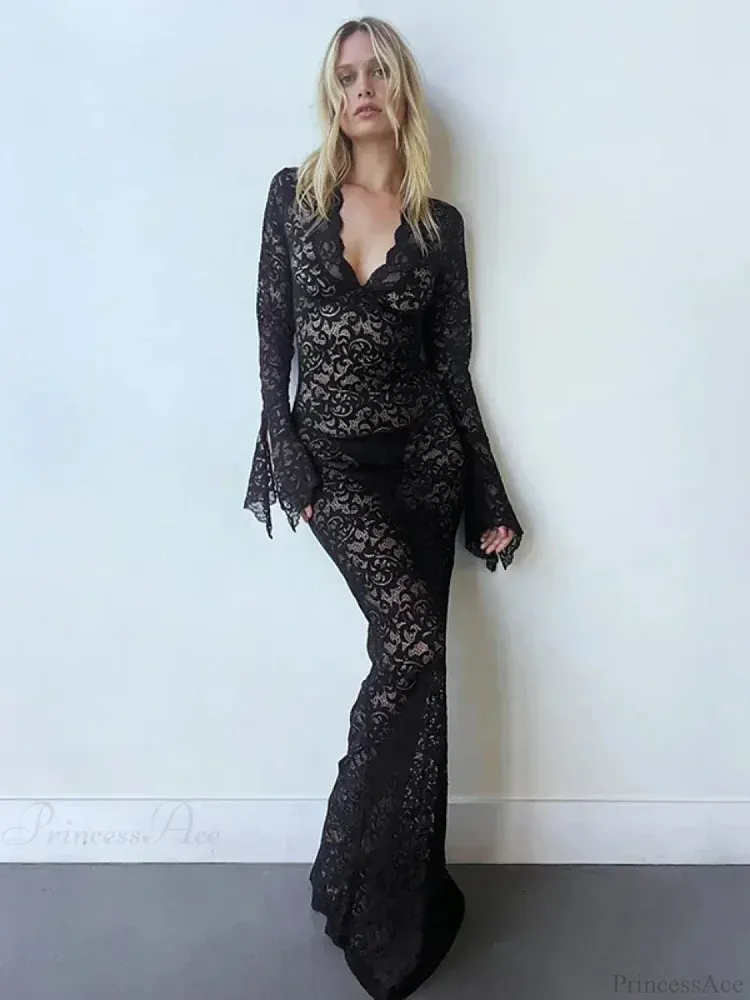 Lace Deep V Neck Flared Sleeve Vacation Dress