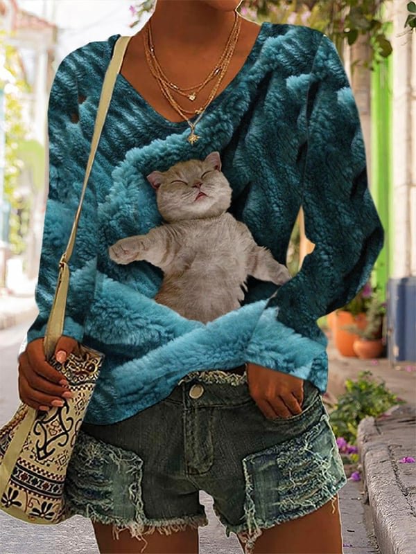 Cat Print Long Sleeve V-Neck T-Shirt