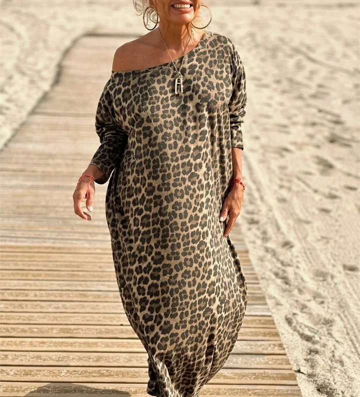 Camel Leopard Oversize Long Sleeve Dress