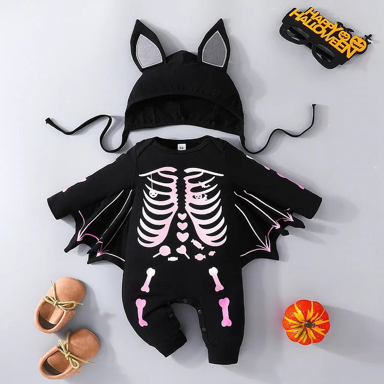 Baby Bat Bone Black Romper with Bonnet