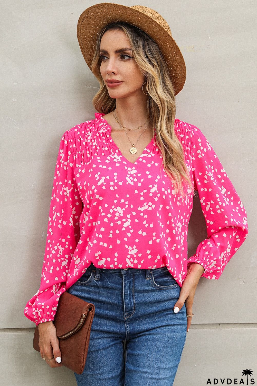 Printed Notched Neck Smocked Blouse