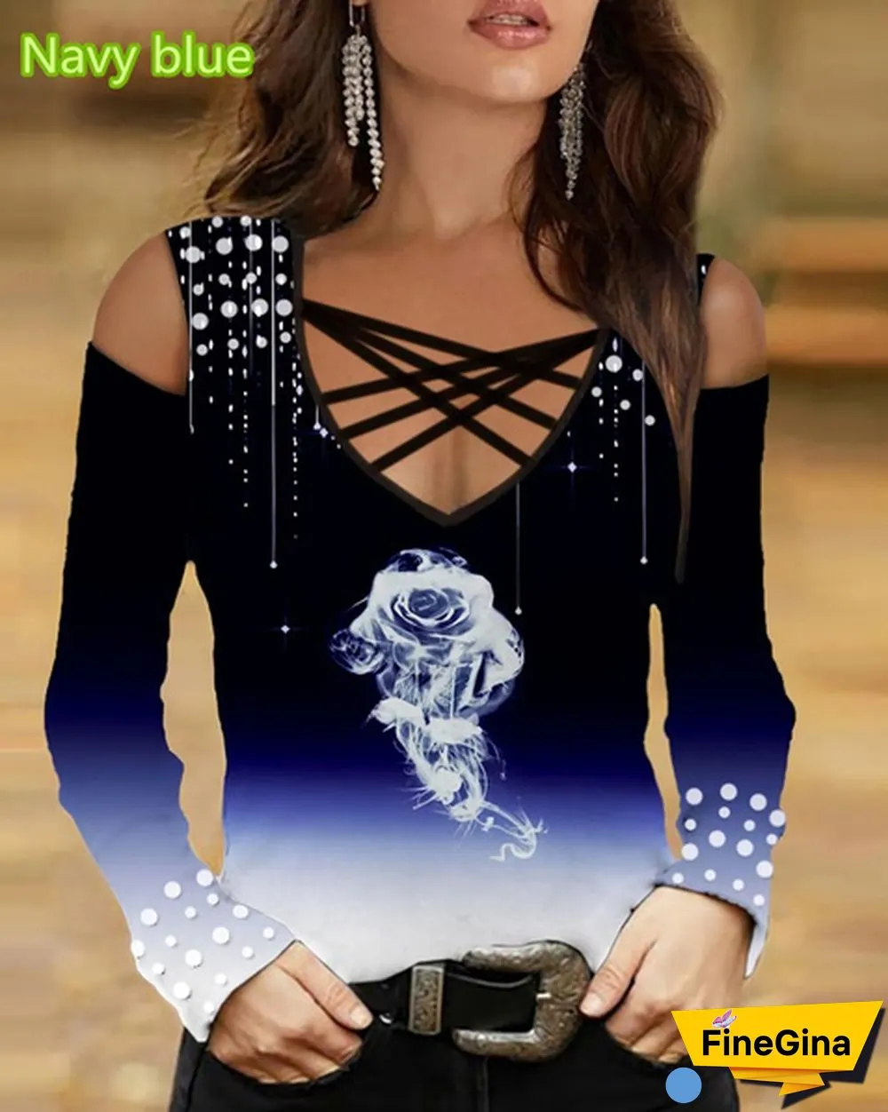 Women's T-shirt Spring and Summer New Fashion Women's Strapless Long Sleeve Flower Printed Slim Strap Cross Neck V-neck T-shirt Soft and Comfortable Thin Top XS-5XL