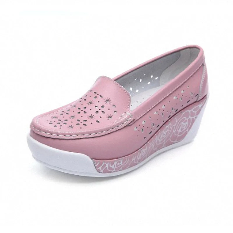  New Women's Genuine Leather Platform Shoes Wedges White Lady Casual Shoes Swing Mother Shoes Size 35-40