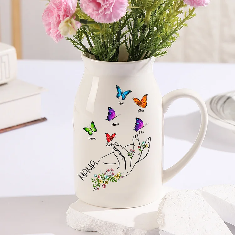 Kettenmachen Personalisierte 6 Namen & Text Schmetterlings in der Hand Familie Vase