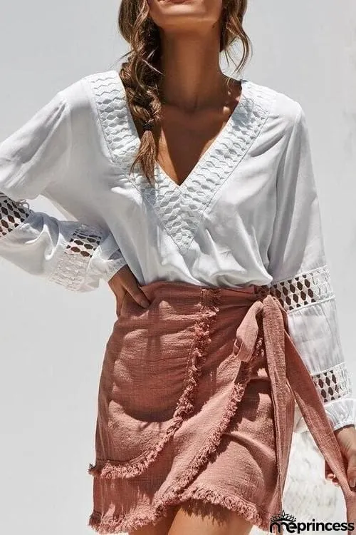 Hollow V Neck Puff Sleeve Blouse