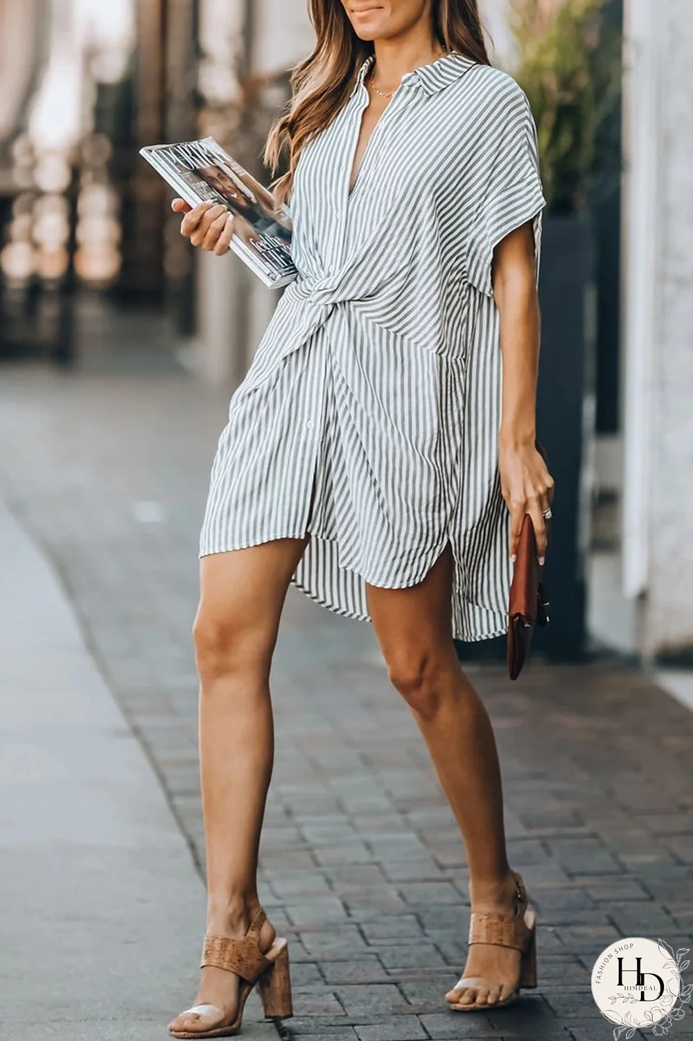 KarliDress Striped Knot Loose Shirt Dress P12817