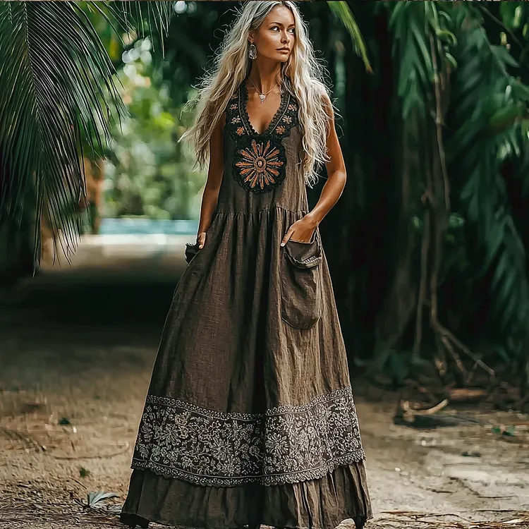 Women's Elegant Bohemian Casual Sleeveless Linen V-neck Maxi Dress