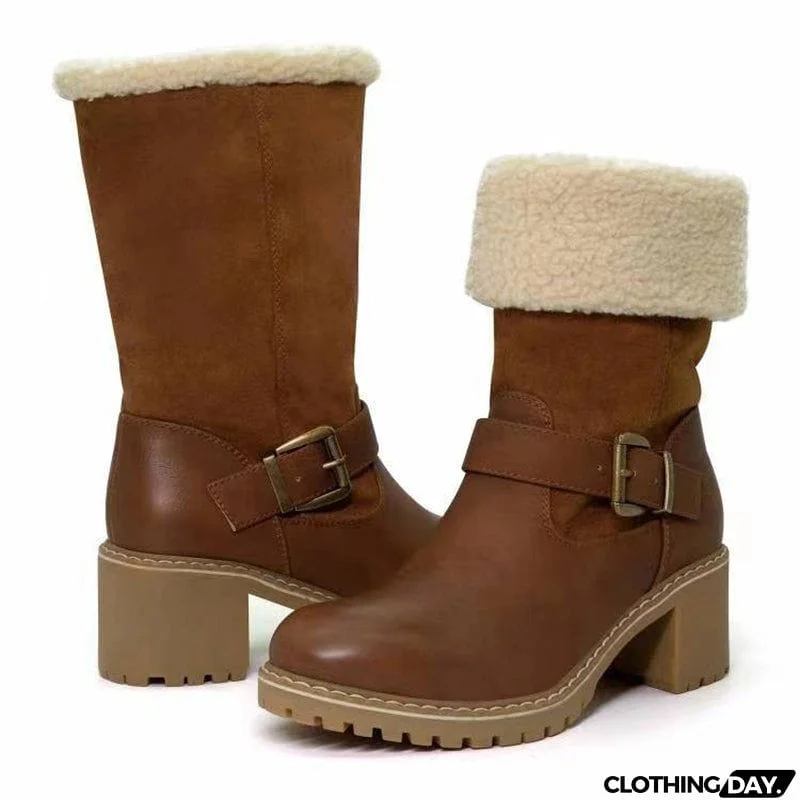 Women's Fashion Warm Short Plush Lined Block Heel Belt Buckle Ankle Boots