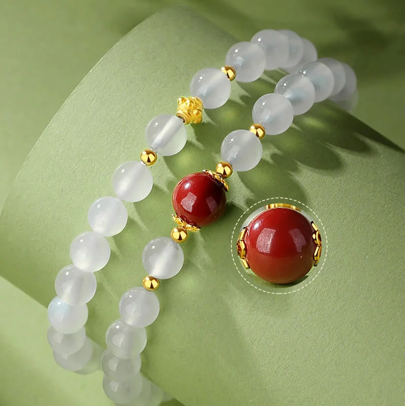 925 Sterling Silver Natural White Agate Cinnabar Double Wrap Protection Bracelet