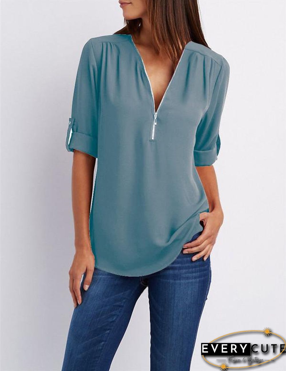 Chiffon Half Sleeve Zipper Solid V neck High Low Blouse