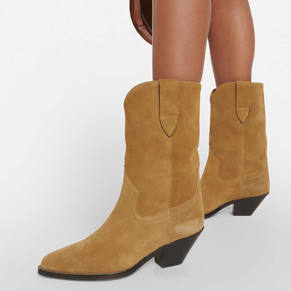 Brown Pointed Toe Chunky Heel Mid-Calf Western Boots for Women Nicepairs