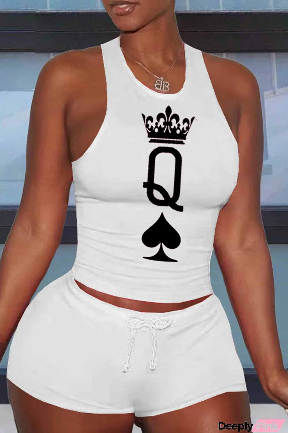 White Fashion Casual Print Basic O Neck Sleeveless Two Pieces