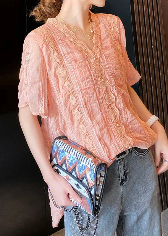 Diy Pink V Neck Lace Patchwork Chiffon Blouses Summer