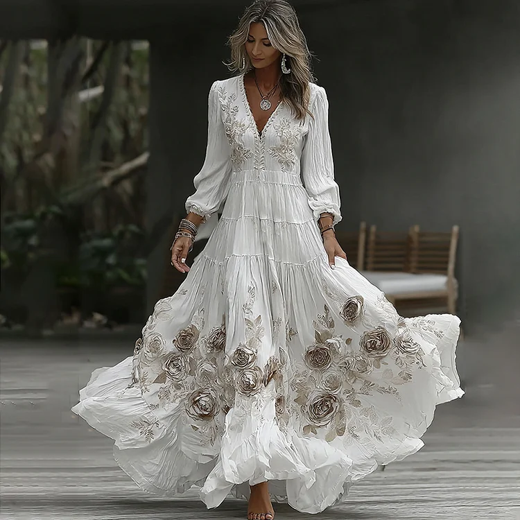 Women's Vintage Rose Embroidery Art V-neck Casual Long Sleeve Maxi Dress