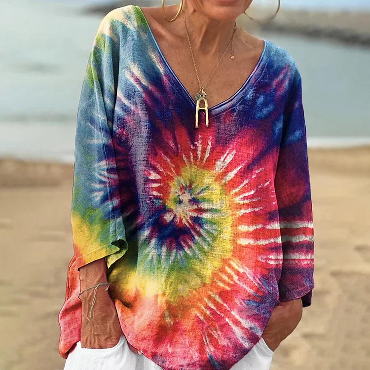 Lunivibe Vintage Gradient Art Women's Linen V-neck Long Shirt