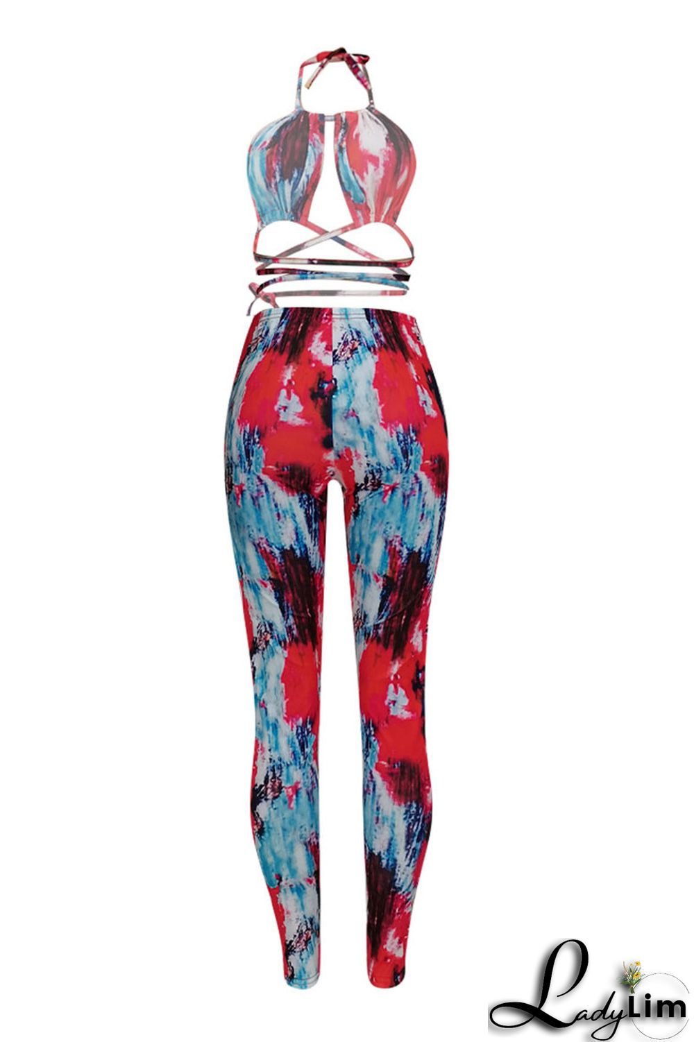 Red Sexy Print Split Joint Backless Halter Sleeveless Two Pieces