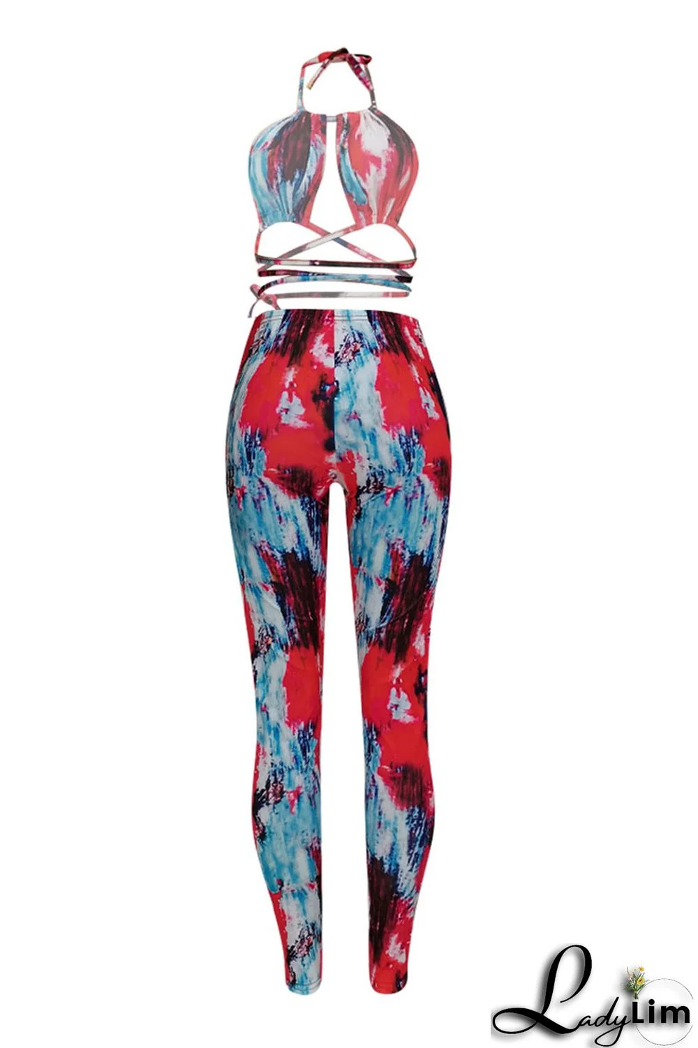 Red Sexy Print Split Joint Backless Halter Sleeveless Two Pieces