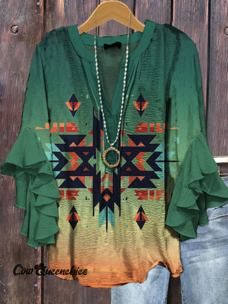 Vintage Aztec Print Ruffle Sleeve Top Multicolor / S