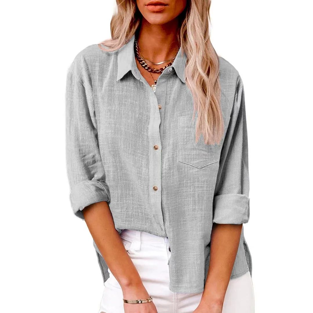 Uveng Autumn Pocket Split Linen Long-sleeved Blouses