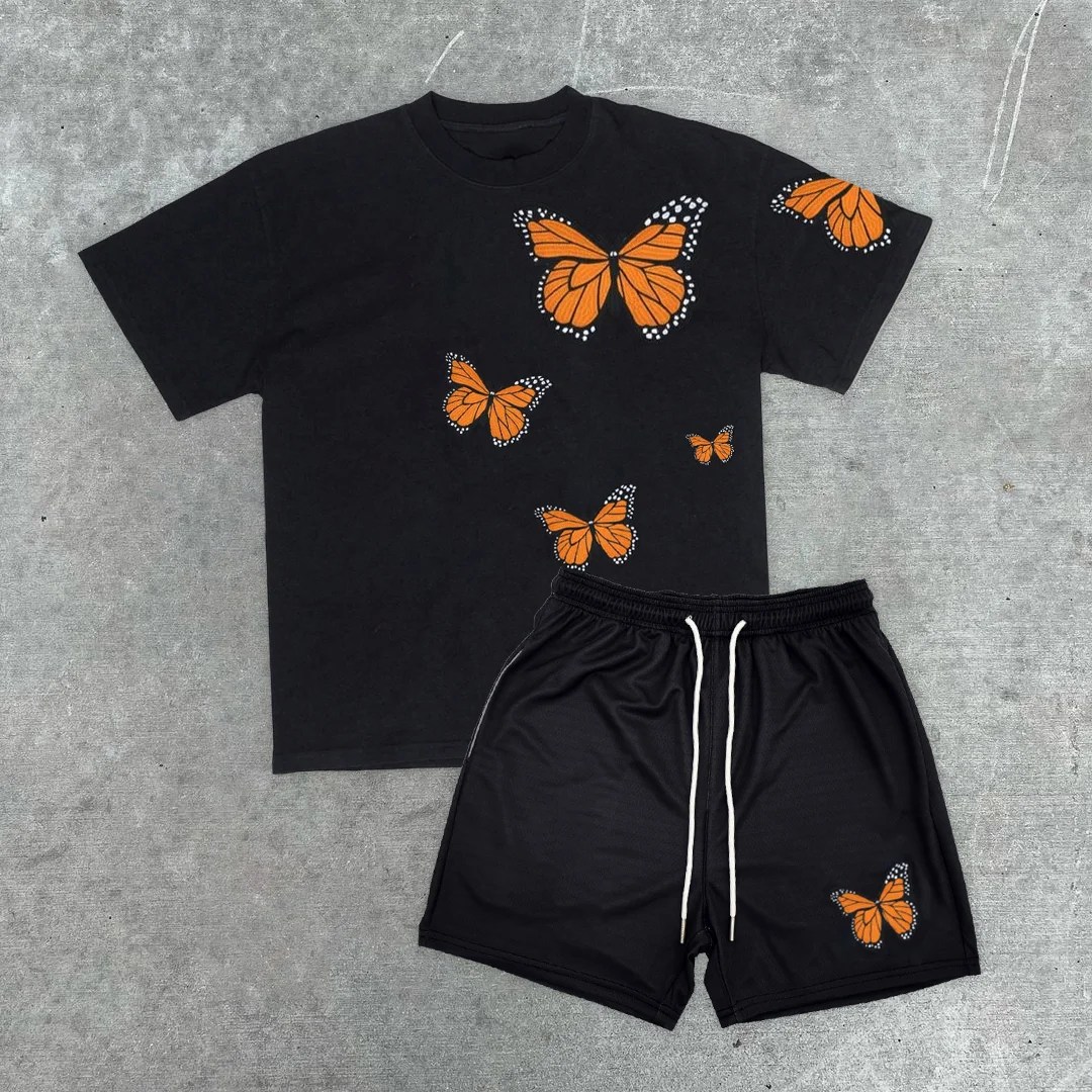 Butterfly Print Street Casual Short Sleeve Suit