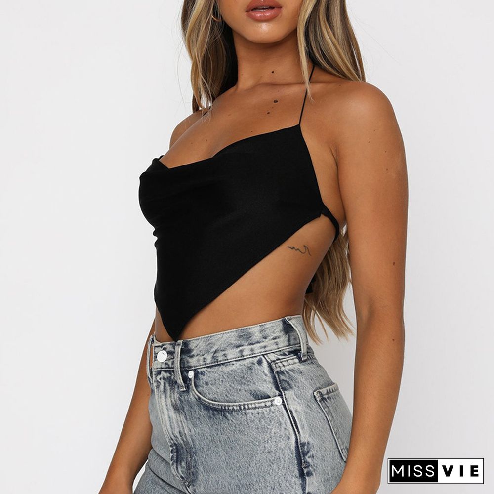 Summer Women Crop Tops Black Halter Camisole Triangle Hem Backless Vest Clothes Streetwear Cropped Feminino