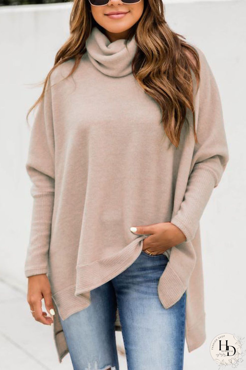 Apricot British Style Solid Slit Turtleneck Tops