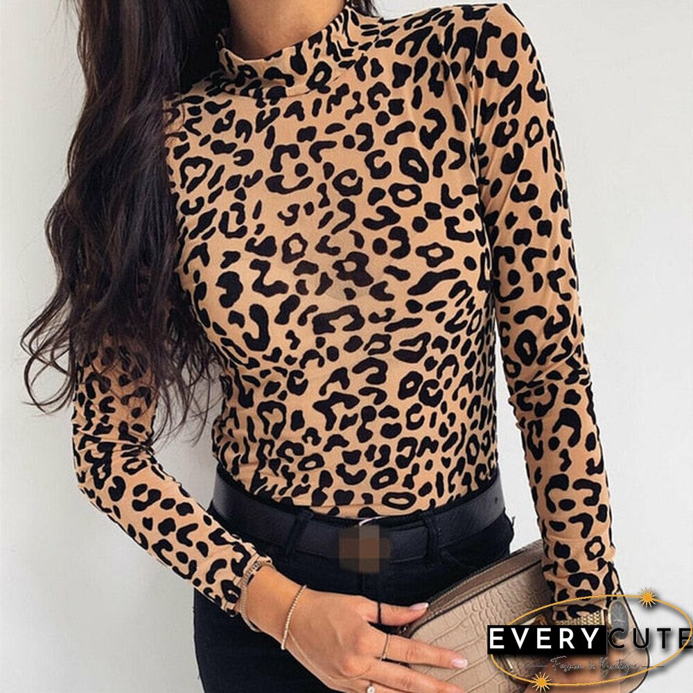 Women Blouses Fashion Leopard Print Turtle Neck Blouse Autumn Long Sleeve Shirts Party Ladies Clothes Womens Blouses And Tops