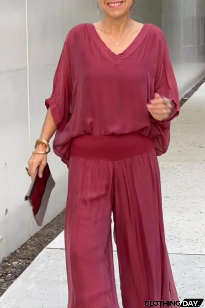 Elegant Solid Patchwork V Neck Half Sleeve Two Pieces