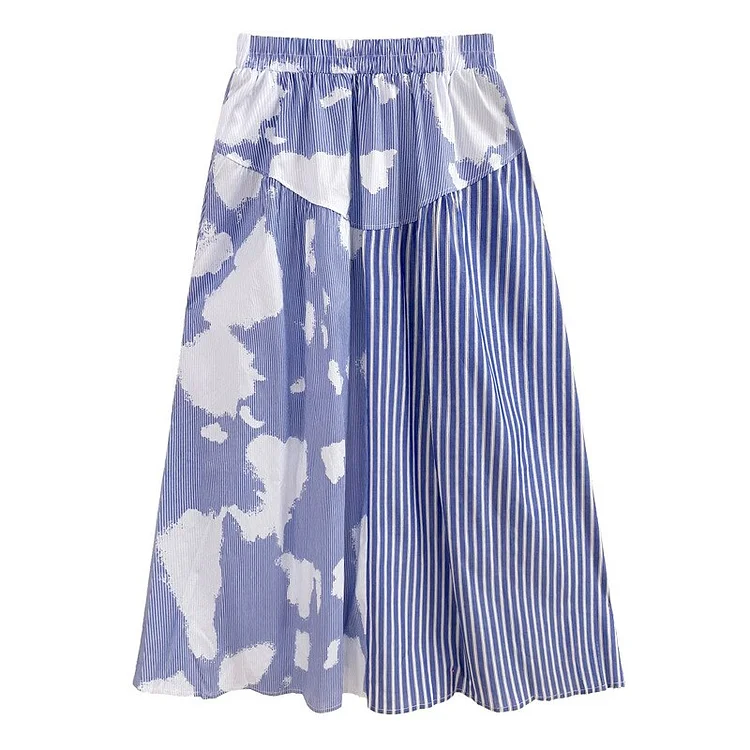 Chic Cloud Printed Patchwork Asymmetrical Striped Skirt 
