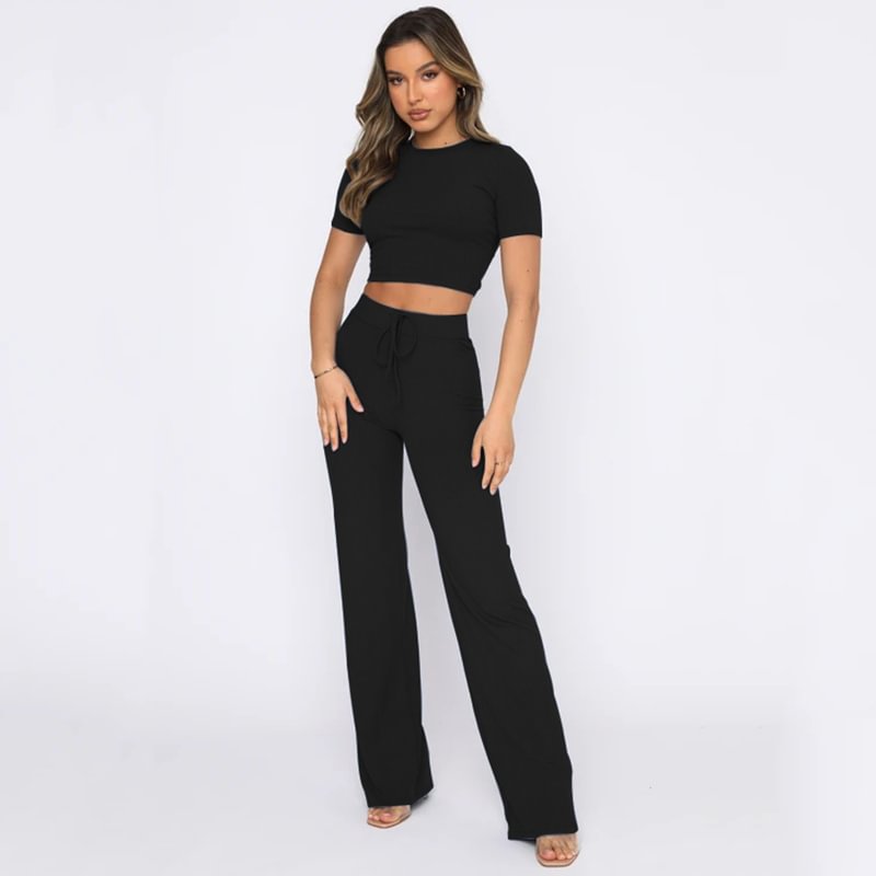 Jqang Round Neck Ribbed Knitted T Shirt Women Two Piece Set Female Tracksuits Solid Slim Fitness Elastic Waist Wide Leg Pants