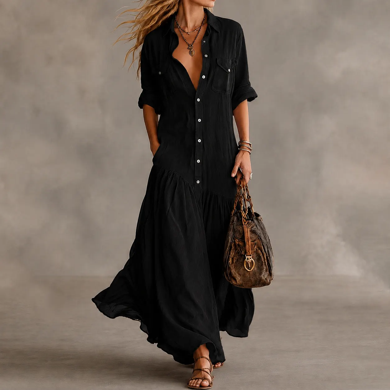 Comstylish Vacation Loose Long Shirt Dress Maxi Dress