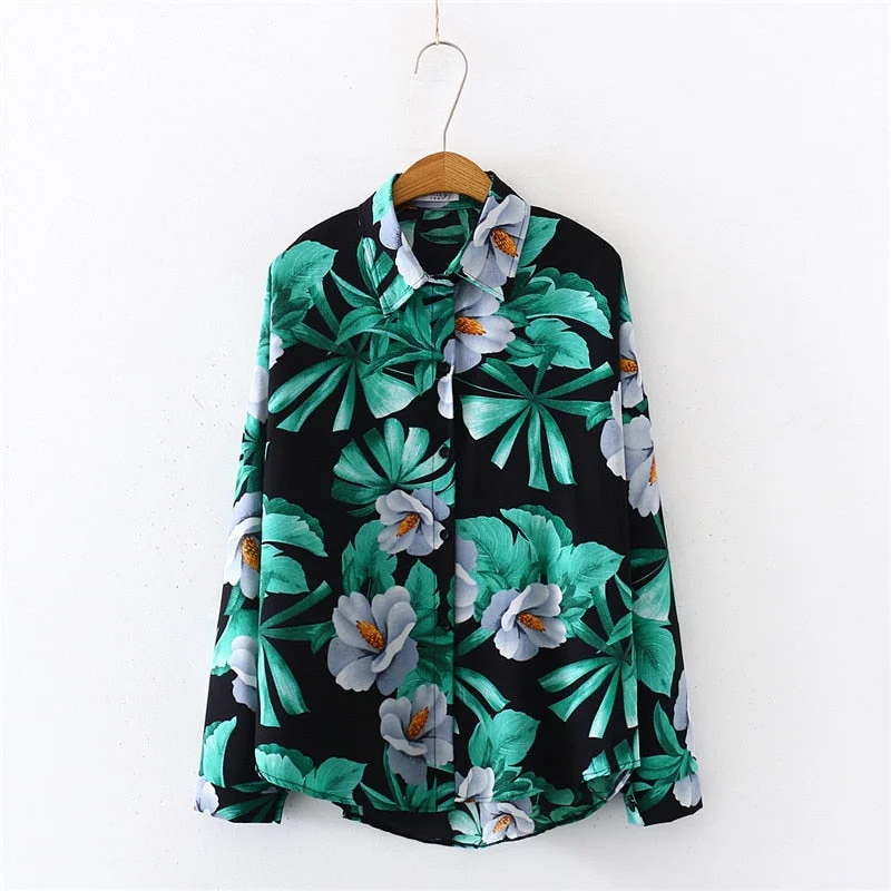 2020 Summer New Women Leaf Floral Print Chiffon Blouse Autumn Long Sleeve White Shirt Vintage Loose Tops Casual Wear Blusa T0322