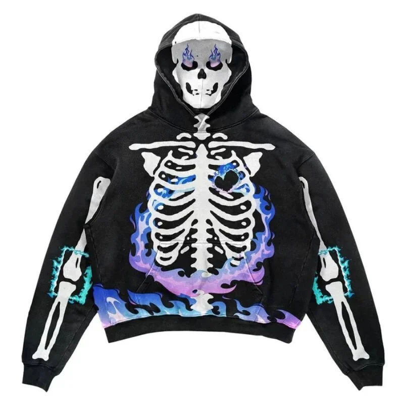 Brownm New European and American Men Casual Sweater Street Fashion Brand YK2 Skull 3D Digital Print Couple Hooded Sweater