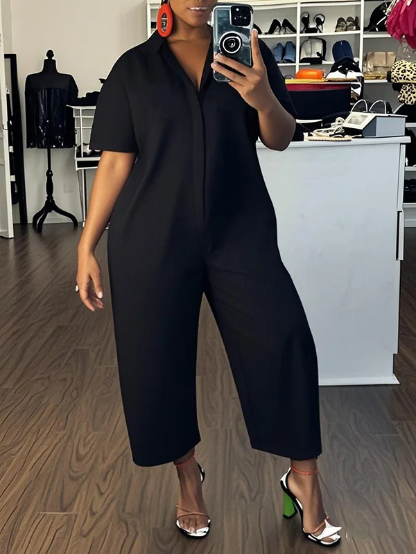Buttoned Solid Color Loose Short Sleeves Lapel Jumpsuits