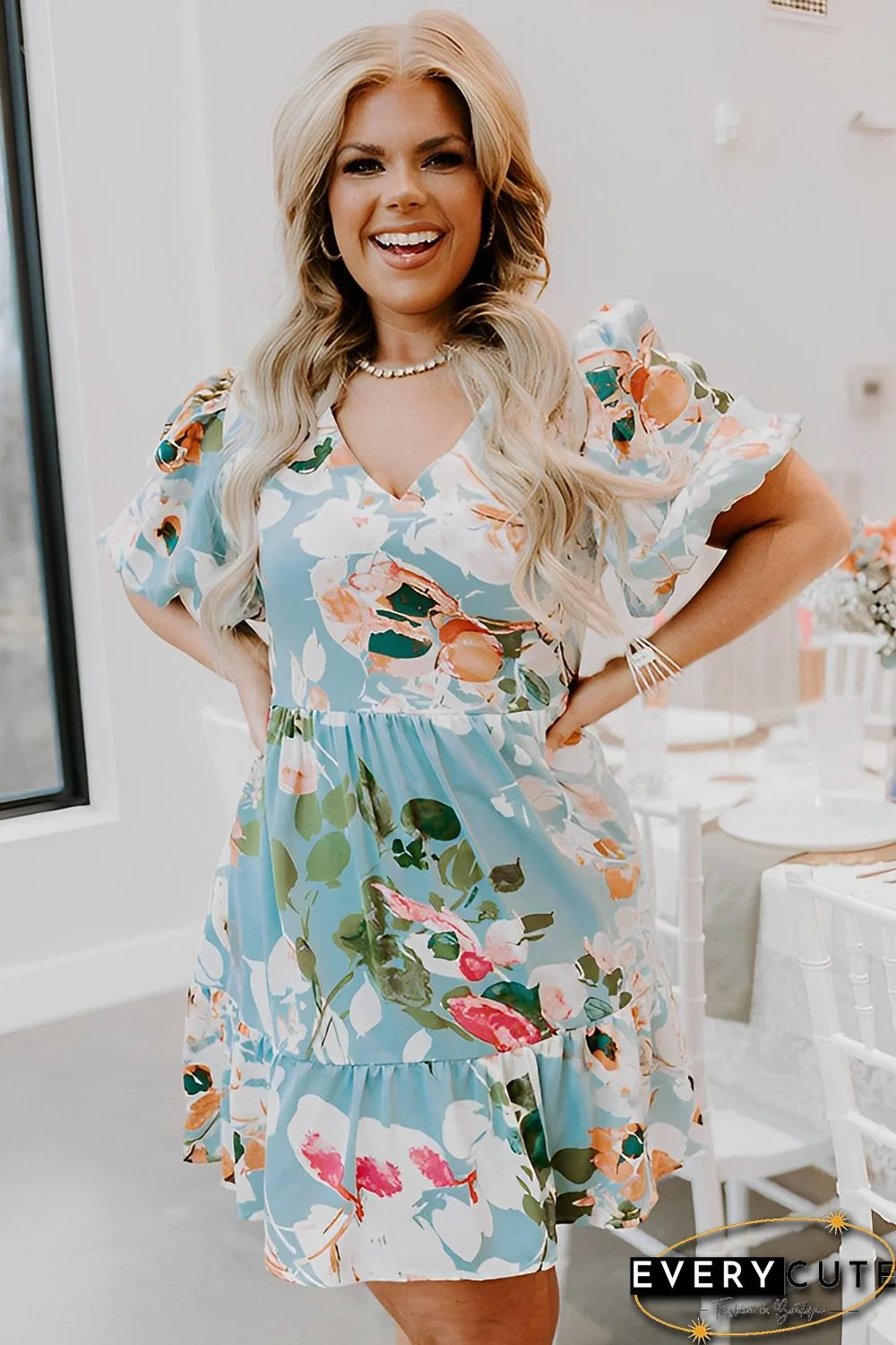 Sky Blue Floral Print Ruffled Puff Sleeve Plus Size Mini Dress