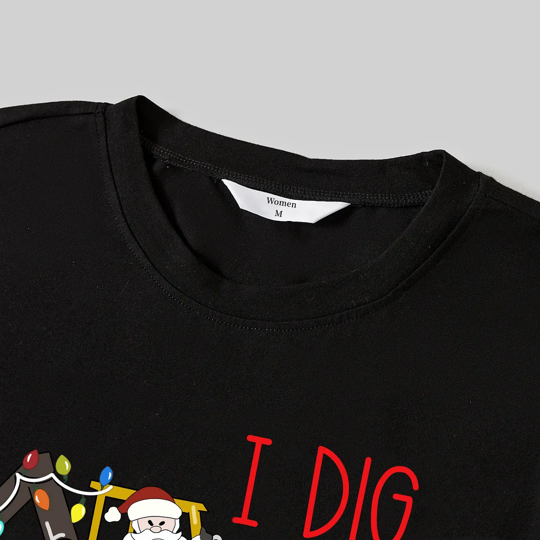 Christmas Excavator Print Black Long Sleeve Top with Red & White & Green Plaid Family Matching Pajamas